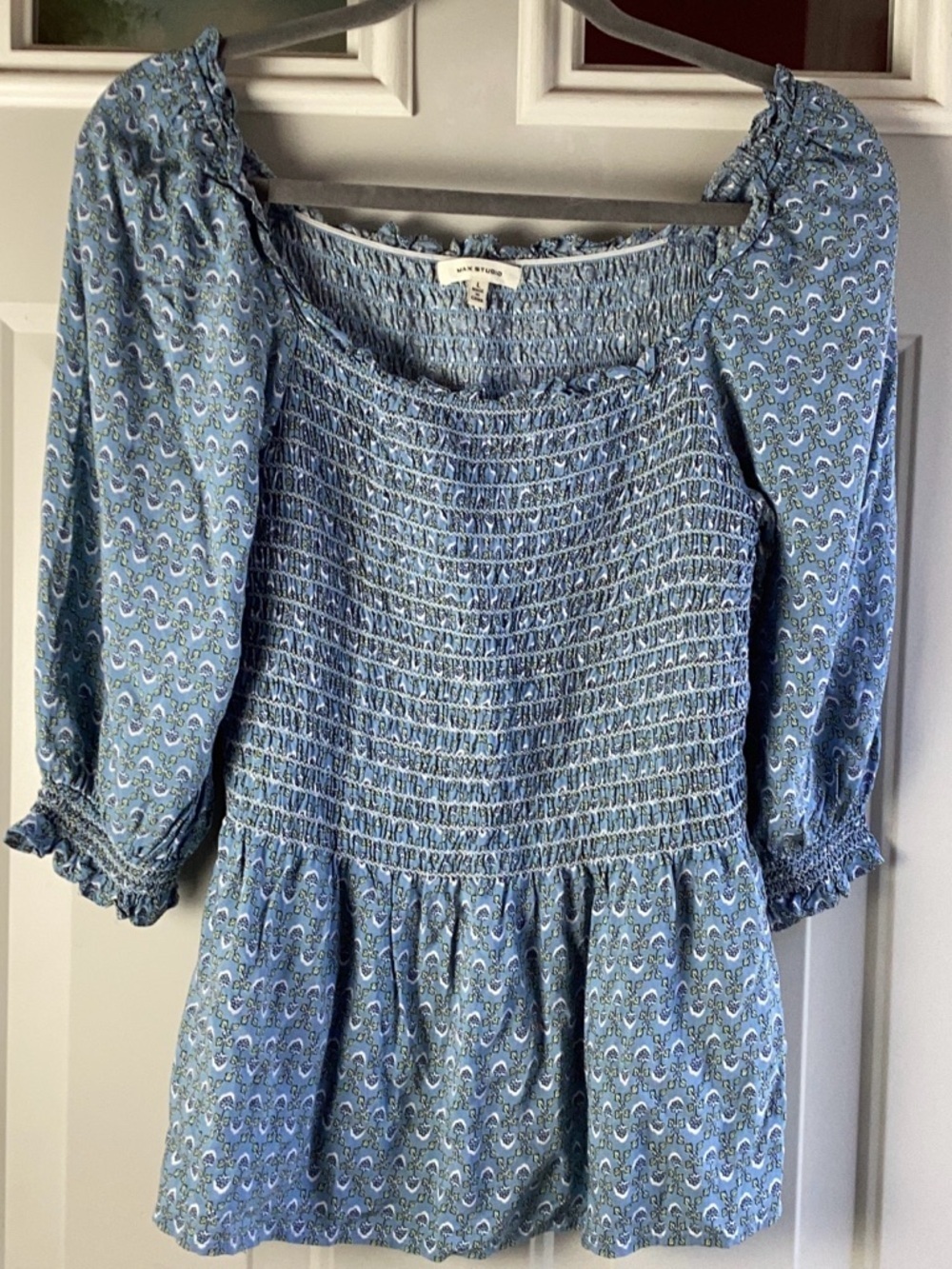 Max Studio Light Blue Paisley Smocked Top